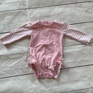 EUC RuffleButts pink white polka dot long sleeve swimsuit 12-18m